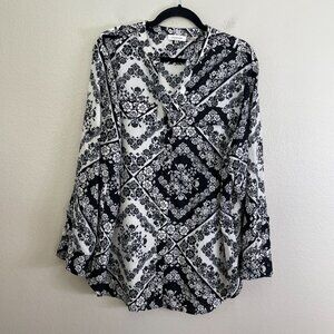 Calvin Klein Womens Plus 1X Black‎ White Floral Button Up Blouse Roll Tab Sleeve